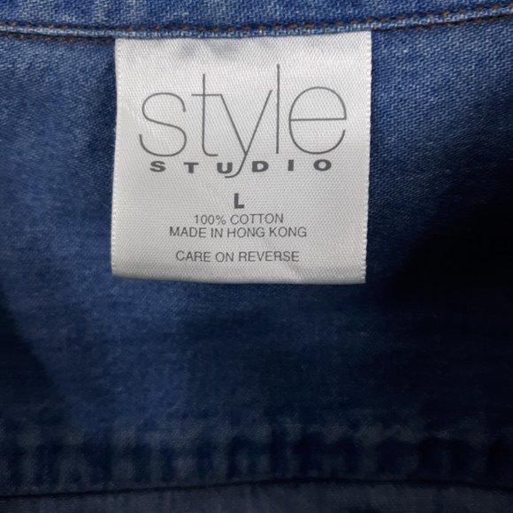 Style Studio Denim Shirt Women's Large GUC Fall Themed Embroidery Blue Denim Top - Picture 4 of 6